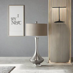 Polished Nickel Teardrop Table Lamp, 30 x 62cm, Taupe Drum Shade, Tapered Base on Crystal Foot, Bedside & Console