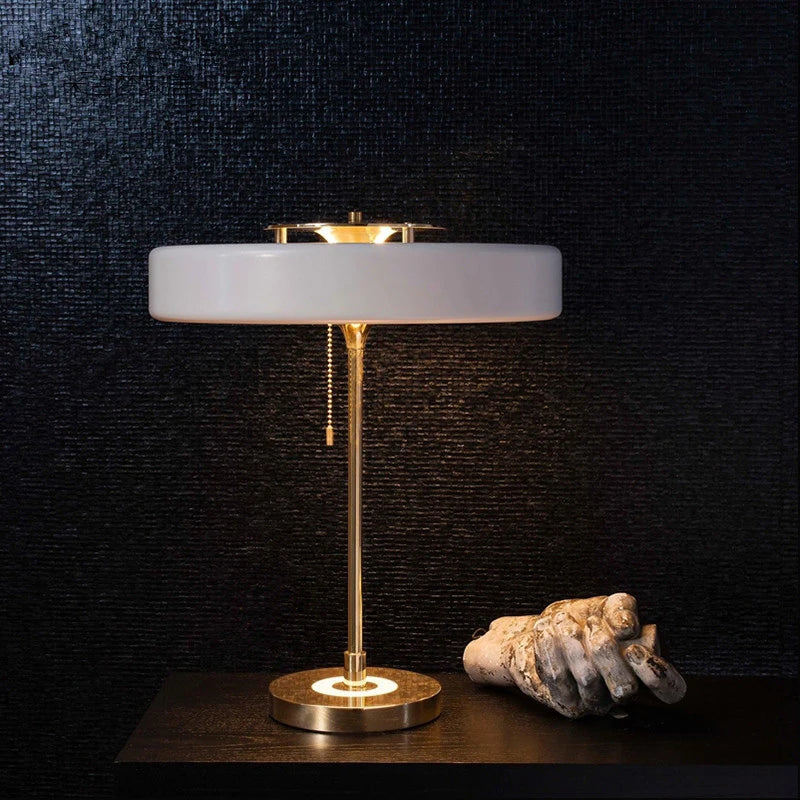 Black Fabric Drum Table Lamp, Brushed Brass Stem, Square Stone Base, Pull Chain Switch, Bedside, Console & Living Room