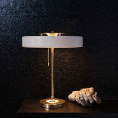 Black Fabric Drum Table Lamp, Brushed Brass Stem, Square Stone Base, Pull Chain Switch, Bedside, Console & Living Room