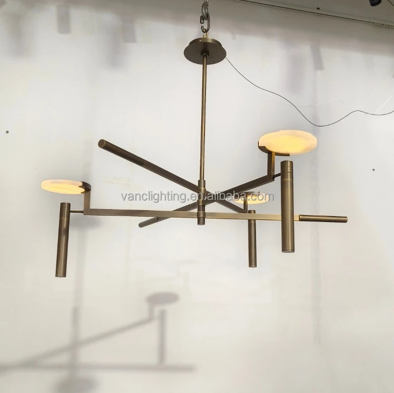 Sculptural Black Branch Chandelier, Crossed Metal Rods with Flat Alabaster Discs, Dining Room and Living Room