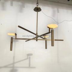 Sculptural Black Branch Chandelier, Crossed Metal Rods with Flat Alabaster Discs, Dining Room and Living Room