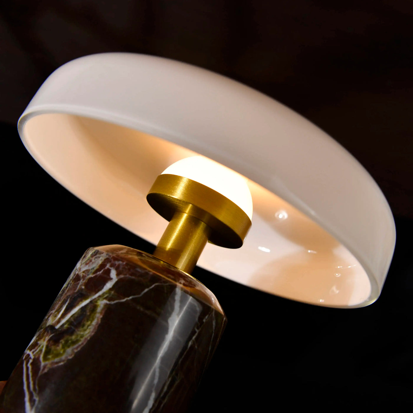 Marble Dome Table Lamp, Opal Glass Disc Shade, Brass Touch Control, White Finish, Rechargeable, Bedside & Living Room