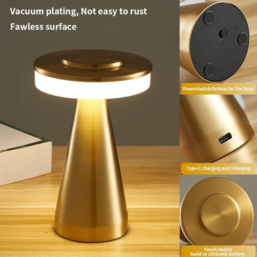Cordless Rechargeable Metal Table Lamp, Silver Finish, Touch Control Cone Base Design, Bedside & Occasional Table