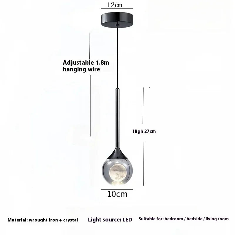 Clear Glass Globe Pendant Light, Frosted Inner Sphere, Slim Chrome Drop Rod Fitting, Bedside & Bedroom Reading Corner