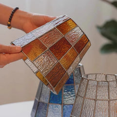 Blue Stained Glass Cone Pendant Light, Leaded Mosaic Panels on a Chrome Fitting, Bulb Not Included, Dining Table & Kitchen
