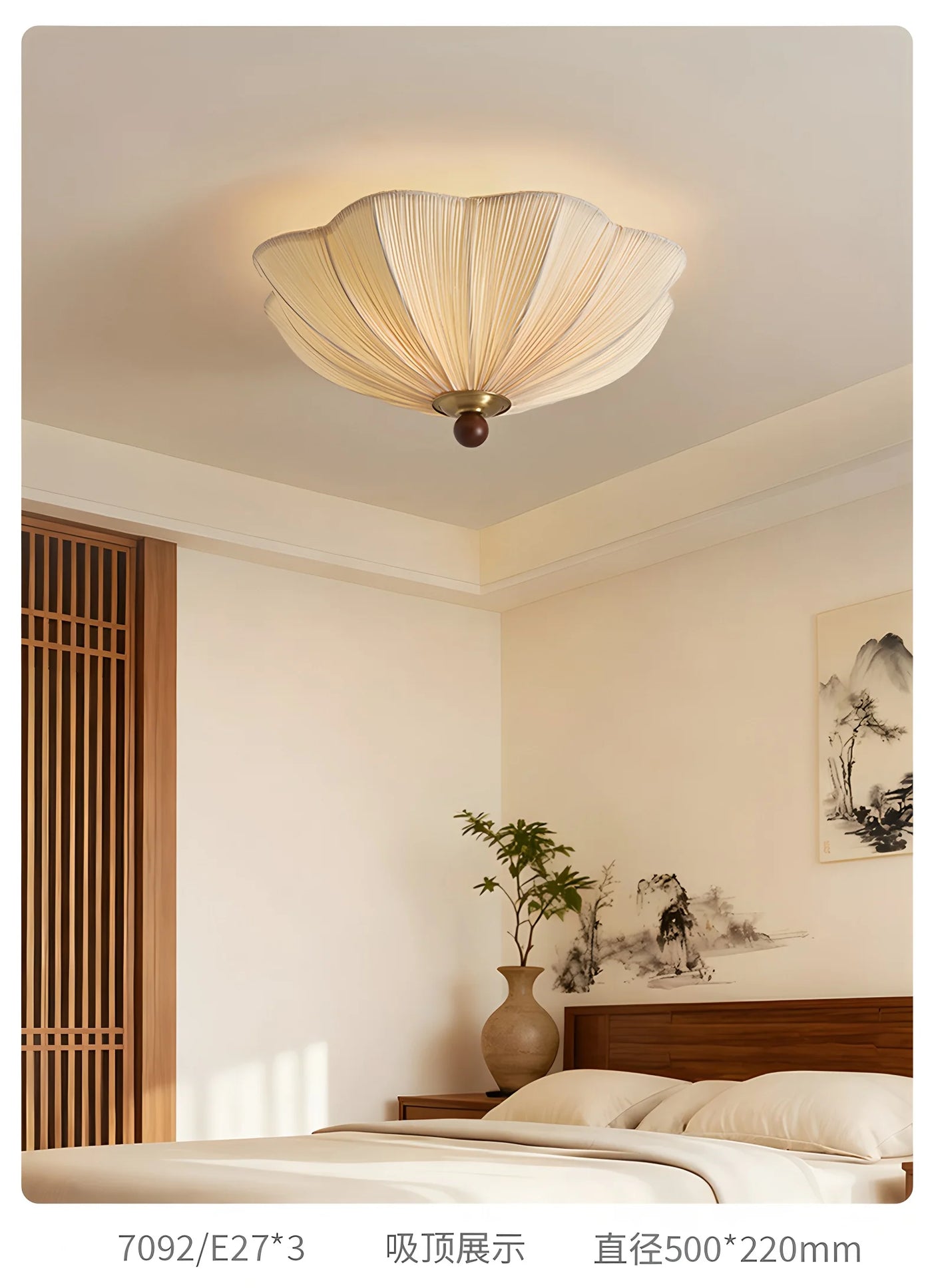 Lilac Pleated Fabric Bell Chandelier, 3 Opal Glass Globes on Brass Arms, Wood Finial, Bulbs Not Included, Dining Room
