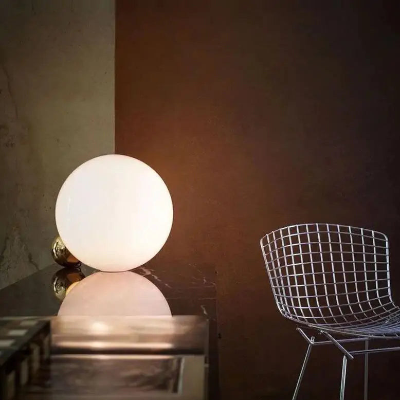 Opal Glass Globe Table Lamp, Offset Sphere on a Slim Brass Pole, Cylindrical White Marble Base, Console & Bedside