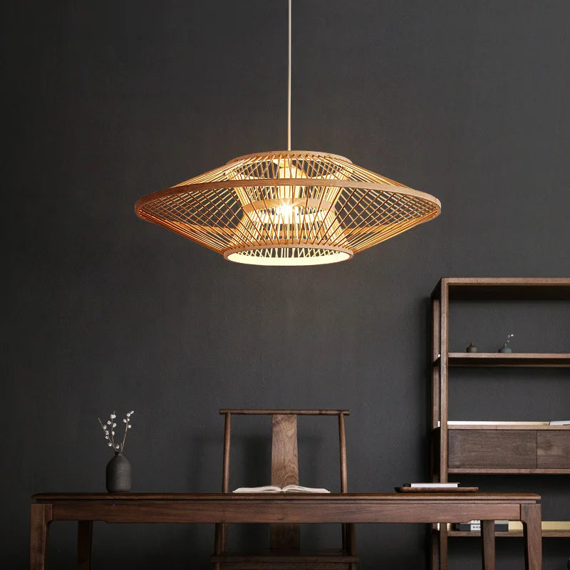 Woven Bamboo Disc Pendant Light in Gold, Wide Lantern Silhouette, Crisscross Weave, Dining Room, Living Room & Hallway