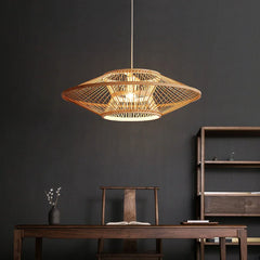 Woven Bamboo Disc Pendant Light in Gold, Wide Lantern Silhouette, Crisscross Weave, Dining Room, Living Room & Hallway