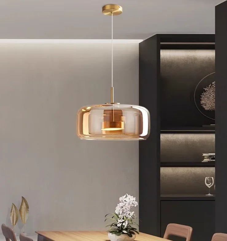 Amber Glass Drum Pendant Light, 23cm Shade, Brushed Brass Ring Fitting, Cord Suspended, Dining Table & Kitchen Island