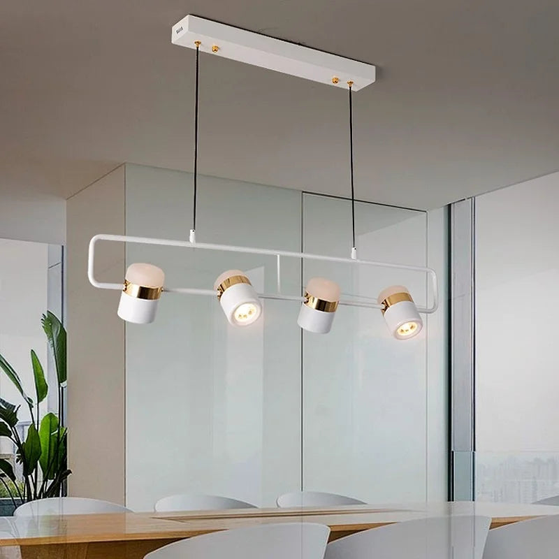 Matt Black Linear Bar Pendant Light, 4 Rotatable Spotlight Heads, Brushed Gold Trim Rings, Kitchen Island & Dining Table