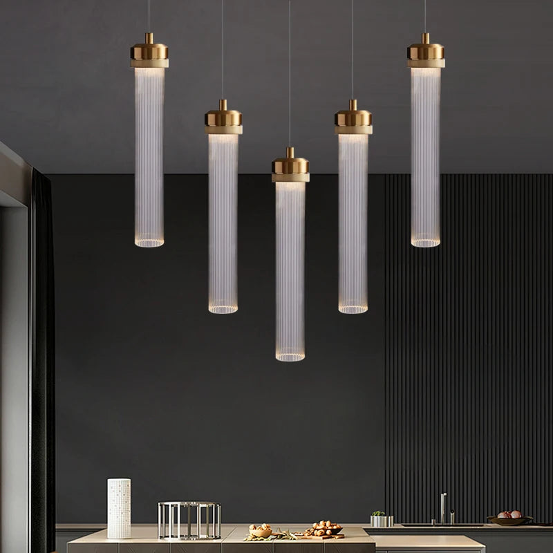 Fluted Clear Glass Cylinder Pendant Light, Chrome Cap Finish, Black Cable Suspended, Contemporary Style, Kitchen Island & Hallway