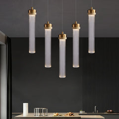 Fluted Clear Glass Cylinder Pendant Light, Chrome Cap Finish, Black Cable Suspended, Contemporary Style, Kitchen Island & Hallway