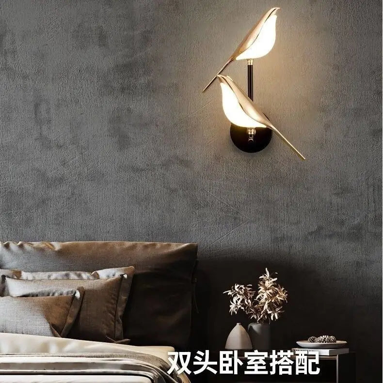 Polished Gold Bird Wall Light, 2 Light Sculptural Fitting, Black Backplate, Bedside Wall & Hallway Accent Piece