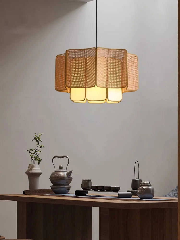 Woven Rattan Drum Pendant Light, Fan Pleated Open Weave Panels, Warm Brown Finish, Dining Table & Kitchen Island