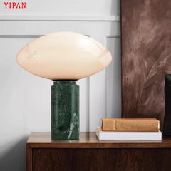 Glossy Opal Glass Dome Table Lamp, Green Marble Column Base, Rounded Mushroom Shade, 25 x 36cm, Bedside & Console Table