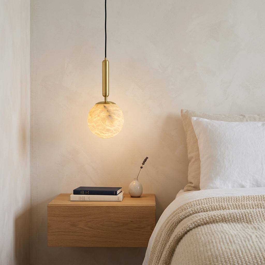 Textured Alabaster Globe Pendant Light, Brushed Brass Stem, Warm Veined Glow, D12 H31cm, Integrated LED, Bedside, Bedroom & Hallway