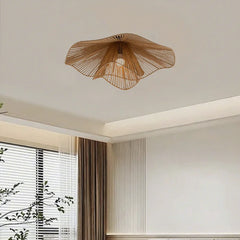 Woven Rattan Flower Flush Ceiling Light, 80cm Natural Petal Shade over an Integrated LED, Dining Room and Bedroom