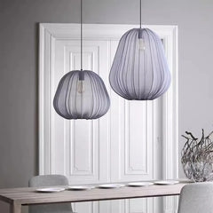 Ribbed Fabric Bell Pendant Light, Dark Grey Finish, Scalloped Edge, 40cm Drop, Single Bulb, Dining Table and Bedroom