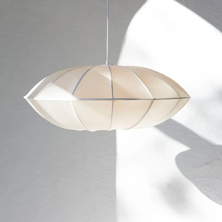 Pleated White Fabric Ellipse Pendant Light, Pointed Lantern Silhouette, White Trim, 50cm, Bulb Not Included, Living Room & Bedroom