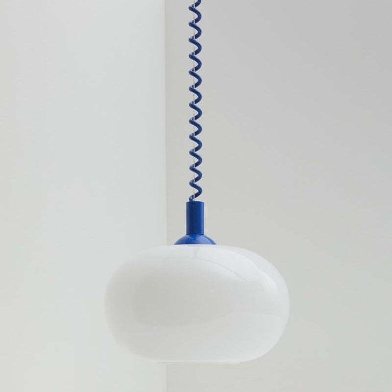 White Opal Glass Ellipse Pendant Light, Red Cord Cap, Twisted Flex, Kitchen Island, Dining Table & Stairwell