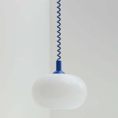White Opal Glass Ellipse Pendant Light, Red Cord Cap, Twisted Flex, Kitchen Island, Dining Table & Stairwell