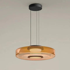 Smoked Amber Glass Disc Pendant Light, Integrated LED Ring, Black Cord Suspension, Dining Table, Kitchen Island & Home Office