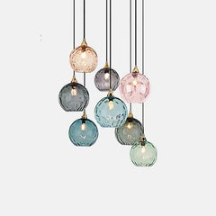 Fluted Glass Globe Pendant Light, Sky Blue Embossed Finish on a Brass Cap, Bulb Not Included, Dining Table & Living Room