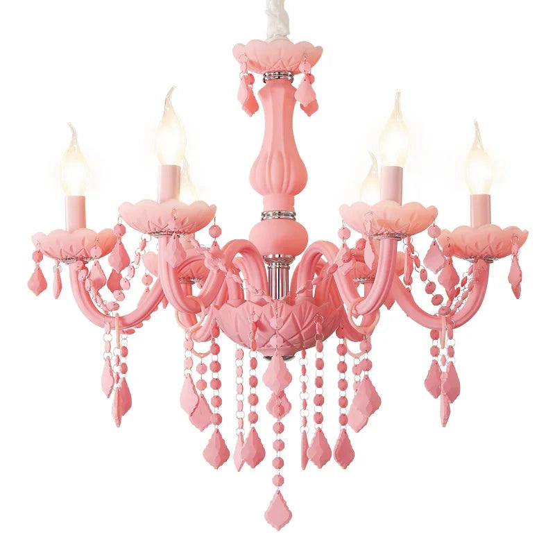 Pink Glass Candelabra Chandelier, 8 Lights, Scrolled Arms, Matching Crystal Drops, Chrome Accent Ring, 72cm Diameter, Bedroom & Living Room