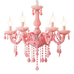 Pink Glass Candelabra Chandelier, 8 Lights, Scrolled Arms, Matching Crystal Drops, Chrome Accent Ring, 72cm Diameter, Bedroom & Living Room