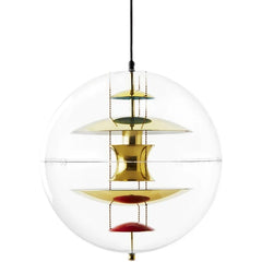 Clear Glass Sphere Pendant Light, Chrome Inner Discs with Colour Accents, Danish Design Silhouette, Dining Table