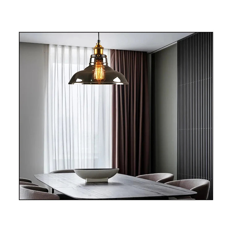 Smoked Amber Glass Cone Pendant Light, Antique Brass Holder, Exposed Lamp, Knurled Grip Band, Kitchen Island & Dining Table