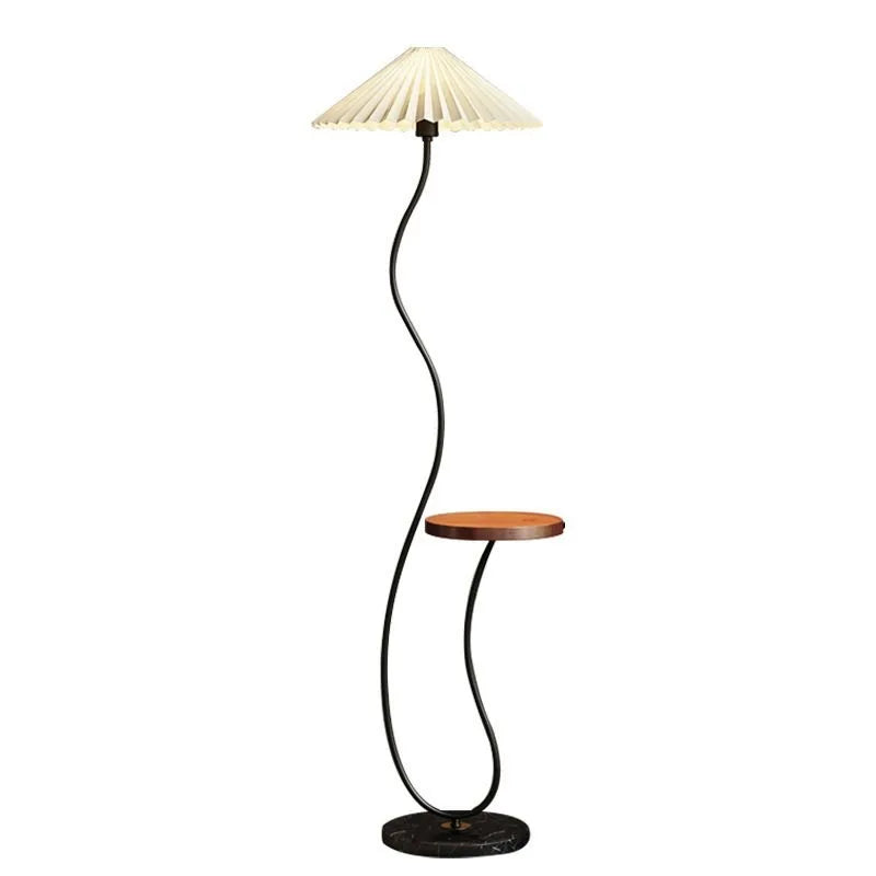 Black Curved Stem Floor Lamp With Side Shelf, Low Pleated Cream Cone Shade, Marble Base, Living Room, Bedroom & Reading Corner