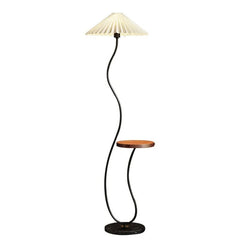 Black Curved Stem Floor Lamp With Side Shelf, Low Pleated Cream Cone Shade, Marble Base, Living Room, Bedroom & Reading Corner