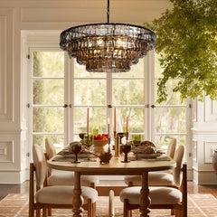 Rippled Smoked Glass Tiered Chandelier, Brass Chain Suspension, Multi Layer Scalloped Shade, Dining Room Ceiling