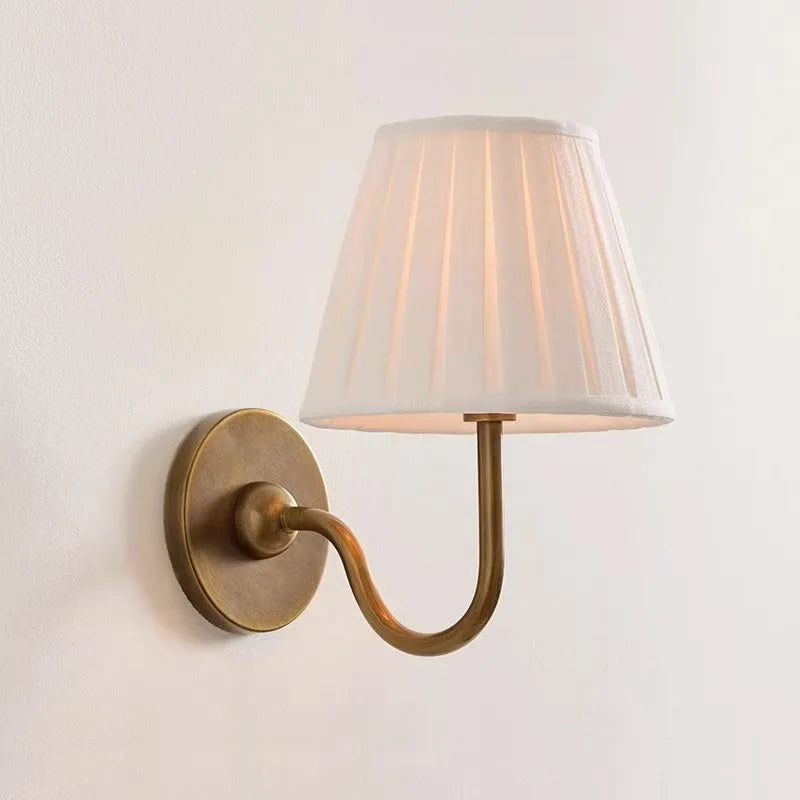 Antique Brass Wall Light, Curved Arm, Pleated Cream Fabric Shade, Also in Twin Arm, Bedroom, Bedside & Hallway