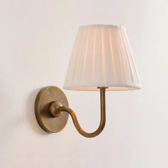 Antique Brass Wall Light, Curved Arm, Pleated Cream Fabric Shade, Also in Twin Arm, Bedroom, Bedside & Hallway