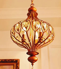 Bronze Metal Lantern Chandelier, 50cm, Scrolled Frame with Amber Crystal Drops, Wood Finial, Dining Room and Stairwell