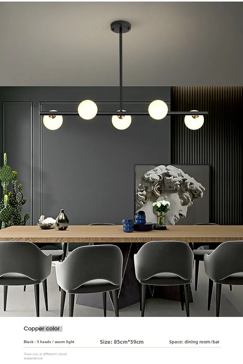 Opal Glass Globe Linear Bar Semi Flush Ceiling Light, Matt Black Angled Arms, 5 Light, Kitchen Island, Dining Room & Living Room