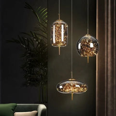 Amber Glass Linear 3-Drop Pendant Light, Warm Fairy Light Filaments, Staggered Brass Stems, Bedside & Dining Table Feature