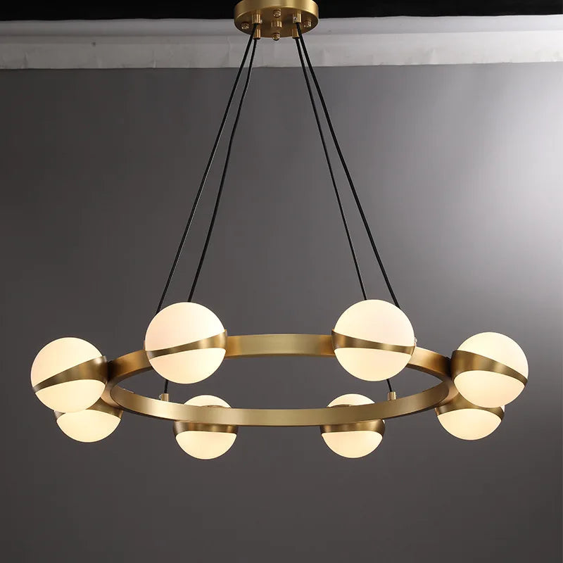Opal Glass Globe Ring Chandelier, Interlocking Brass Frame, 8 Lights, Wave Set Spheres, Dining Room & Living Room