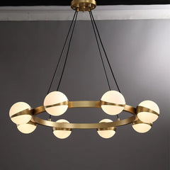 Opal Glass Globe Ring Chandelier, Interlocking Brass Frame, 8 Lights, Wave Set Spheres, Dining Room & Living Room