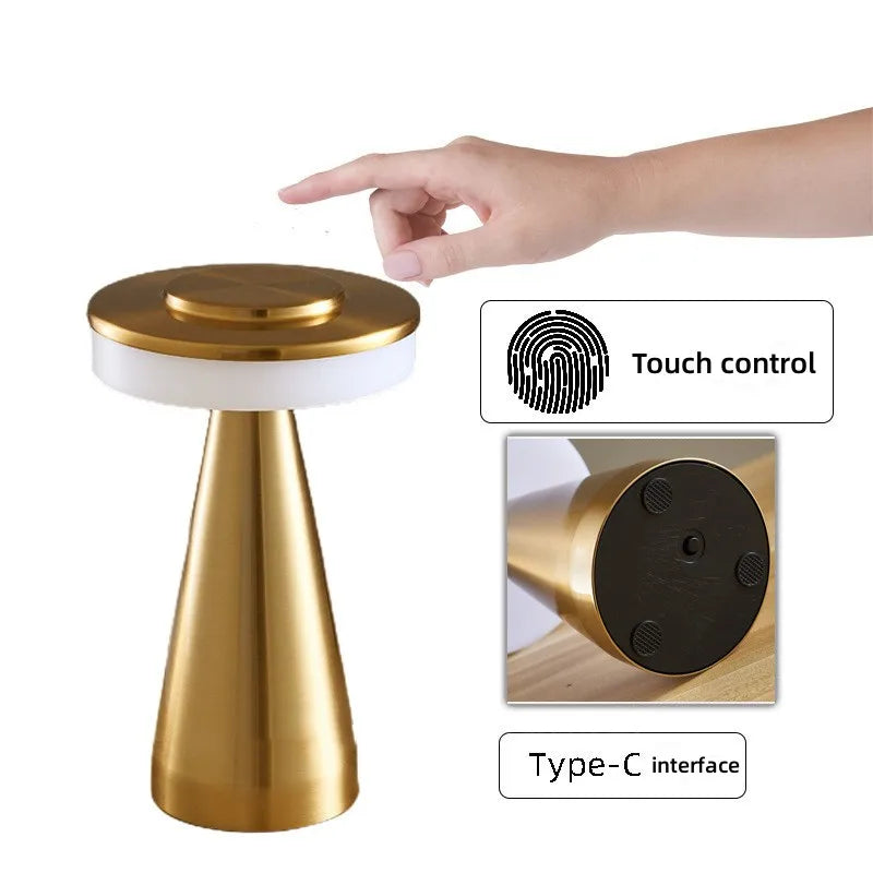 Cordless Rechargeable Metal Table Lamp, Silver Finish, Touch Control Cone Base Design, Bedside & Occasional Table