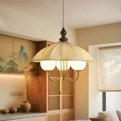 Lilac Pleated Fabric Bell Chandelier, 3 Opal Glass Globes on Brass Arms, Wood Finial, Bulbs Not Included, Dining Room