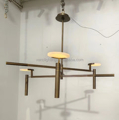 Sculptural Black Branch Chandelier, Crossed Metal Rods with Flat Alabaster Discs, Dining Room and Living Room