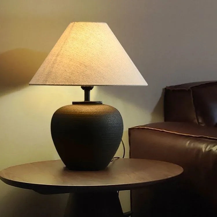 Textured White Ceramic Urn Table Lamp, Natural Linen Cone Shade, Rounded Silhouette, Bedside, Console & Living Room