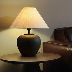 Textured White Ceramic Urn Table Lamp, Natural Linen Cone Shade, Rounded Silhouette, Bedside, Console & Living Room