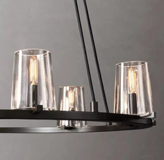 Ribbed Glass Ring Chandelier, Bronze Finish, Wide Ring Frame with Chain Suspension, Dining Room & Living Room