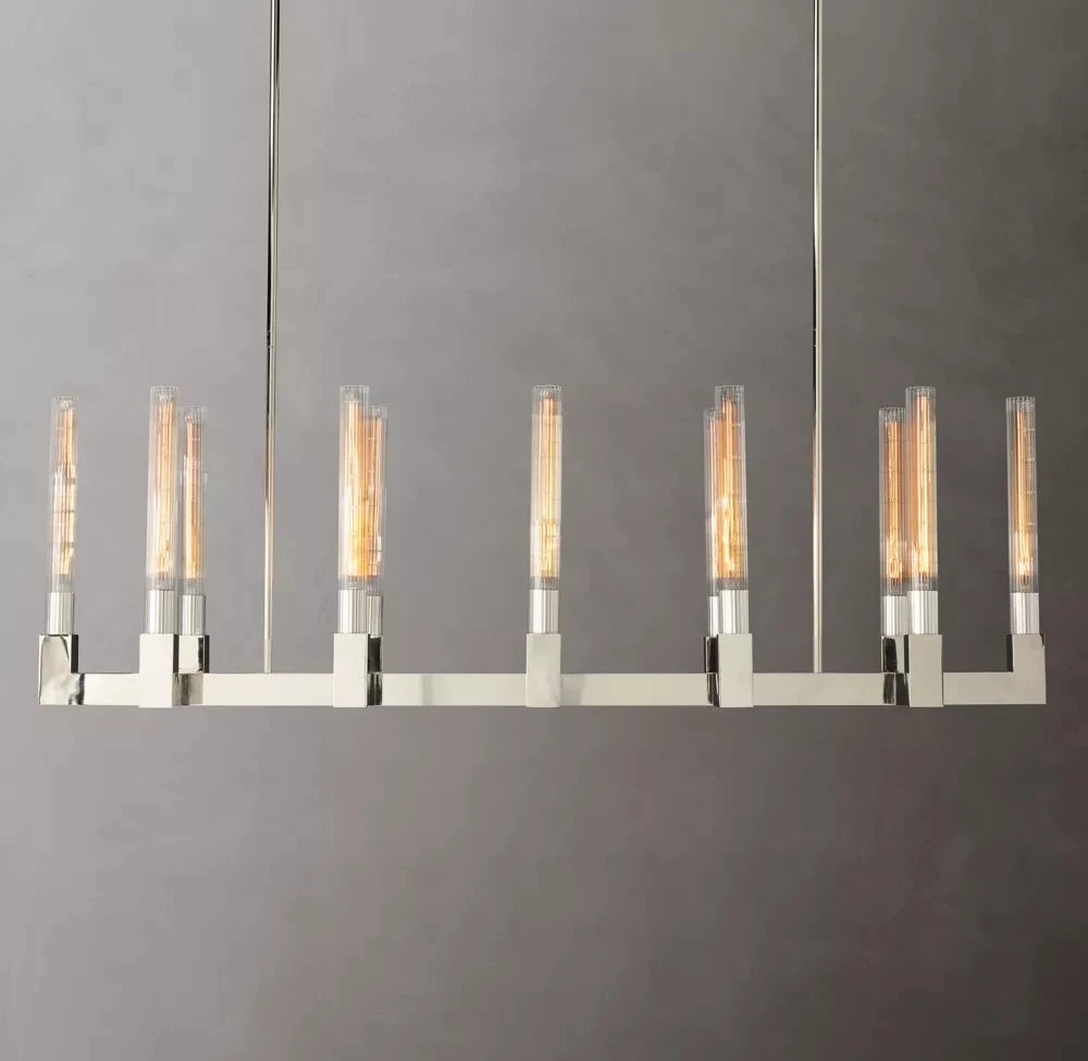 Fluted Glass Tube Linear Bar Chandelier, Bronze Finish, Modern Design, Tubes Set at Two Heights, Dining Room
