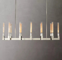 Fluted Glass Tube Linear Bar Chandelier, Bronze Finish, Modern Design, Tubes Set at Two Heights, Dining Room
